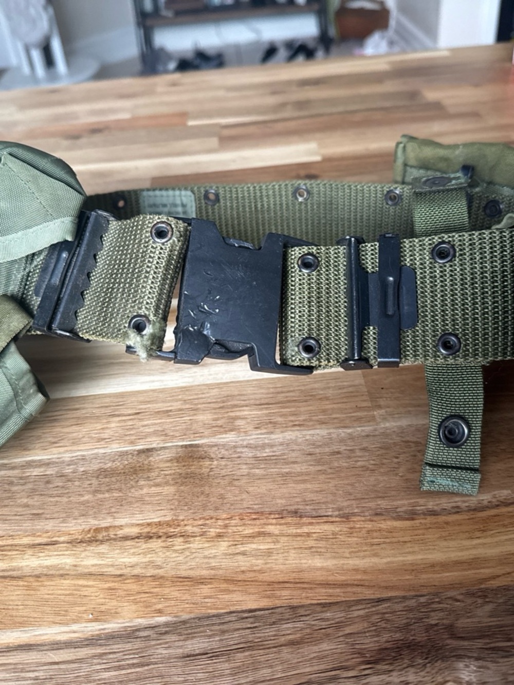 Olive Green Tactical Web Belt three pouches. Powell military size medium